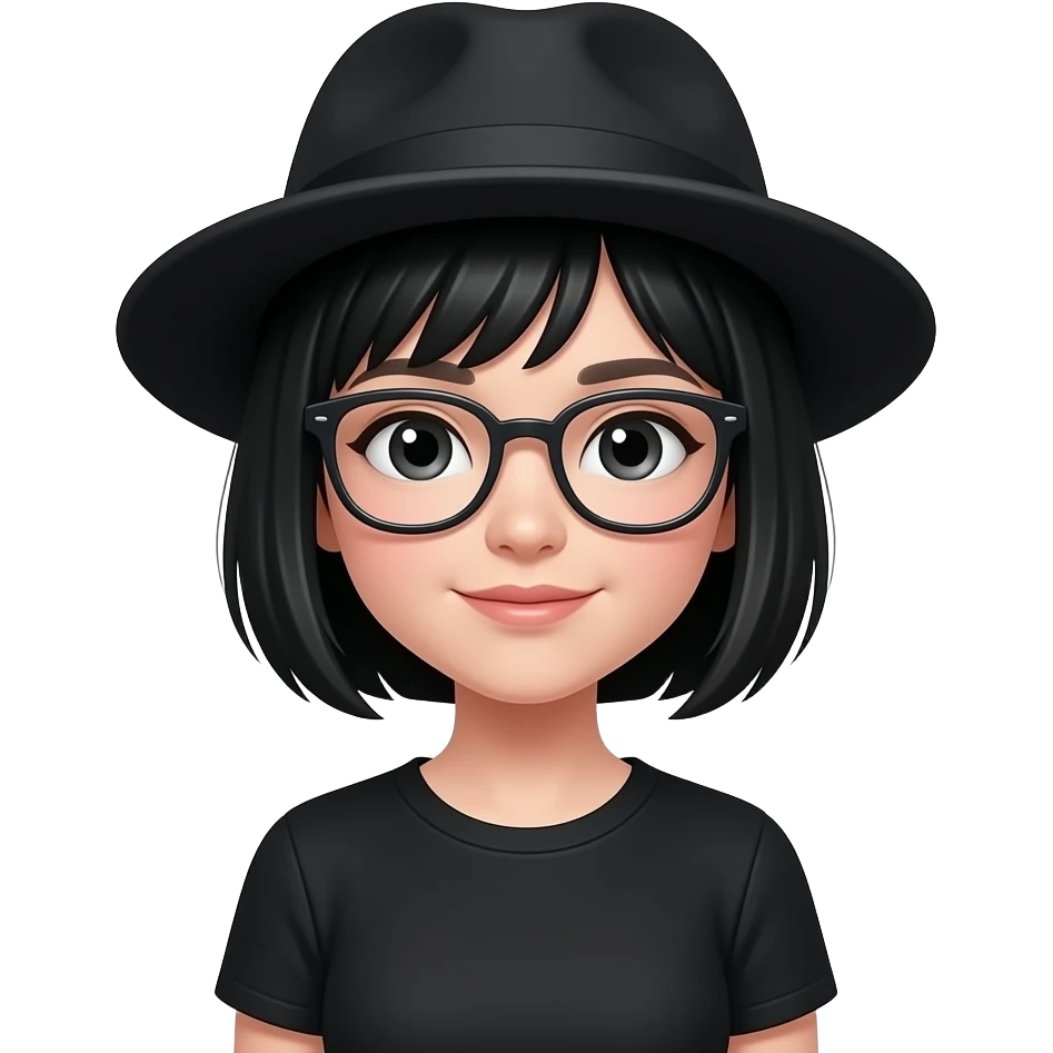 a calm, short black hair girl with black clothes, wearing glasses and hat emoji