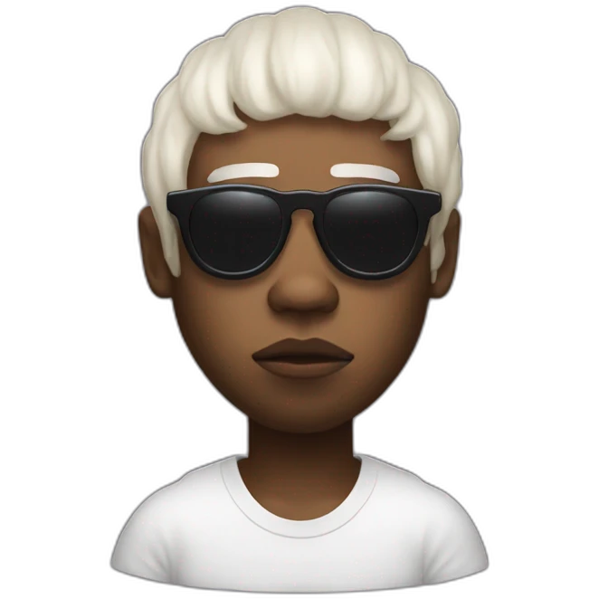 tyler the creator with a short white wig and dark sunglasses looking looking slightly annoyed emoji