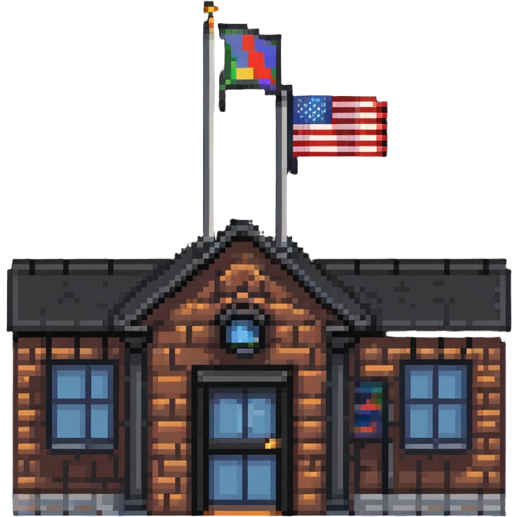 school building with classroom windows, entrance door, and flag pole emoji