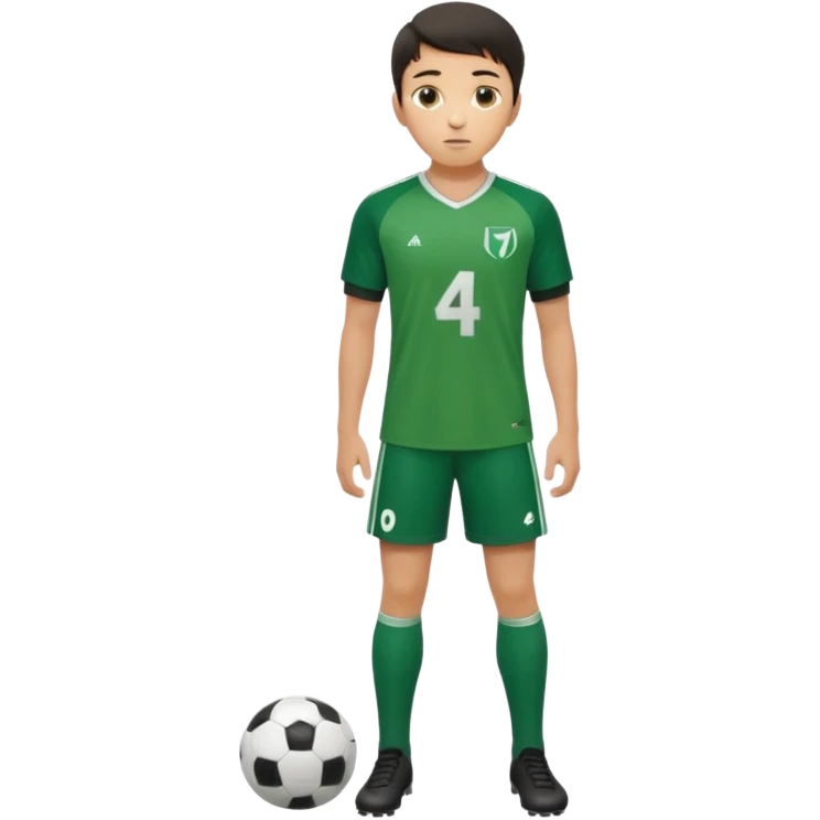 Apple iOS style 20-23 year old soccer player standing full body, green jersey #4, glossy finish emoji