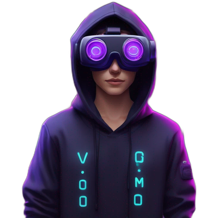 Alekséi Vorobiov wearing a black hoodie with "OMG" letters on it and VR headset in a cyberpunk VR environment with violet neon lighting. emoji