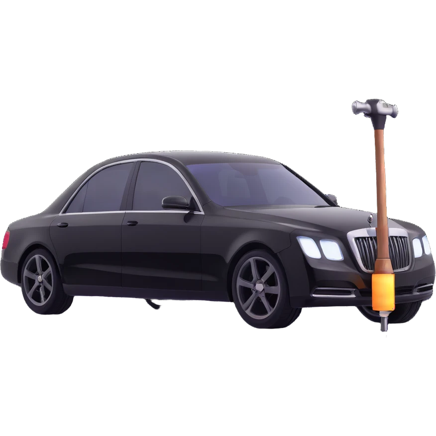 black luxury car with a visible dent, a hammer and a rod forming an X in the upper right part of the vehicle, reflection lamp illuminating the car, elegant and modern emoji