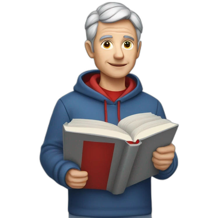 professor with very short grey hair and no beard at all that is wearing a red hoodie an is holding a white book with blue and red stripes on the top of the cover in his hand emoji