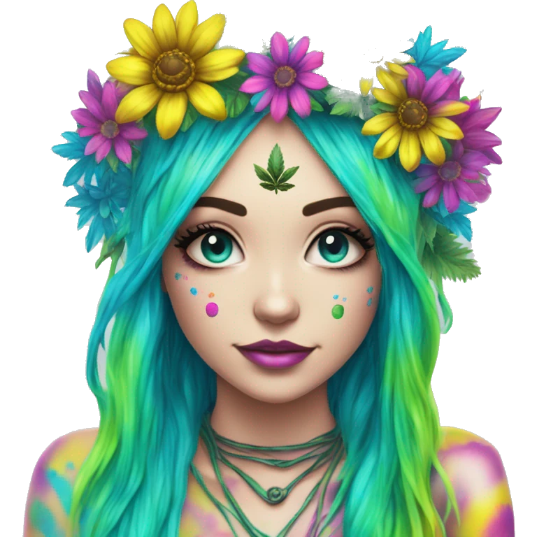 420 Tie dye hippie person flower crown tattoos hemp leaves metallic iridescent holographic blue cyan green pink yellow hazard stripes dark colours emoji
