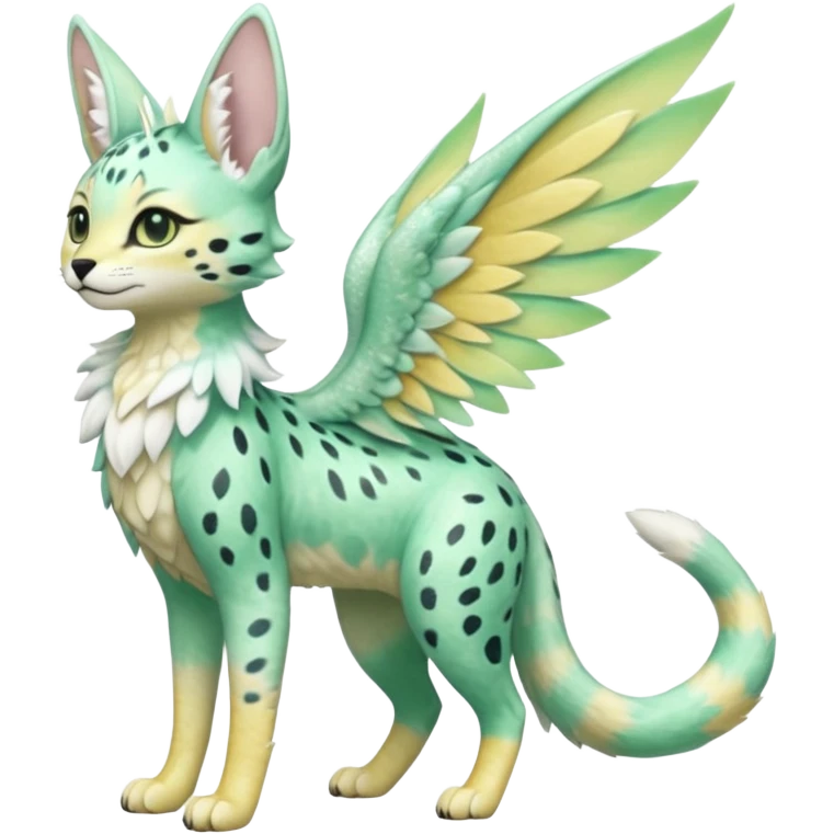 Epic complex detailed pastel minty green, pastel beige yellow pastel realistic aesthetic-scenic-Fakémon-Sprigatito-Floragato-Trico-Sergal-Serval-Vernid-creature (full body) with far wings, shiny sparkly fairycore theme  emoji