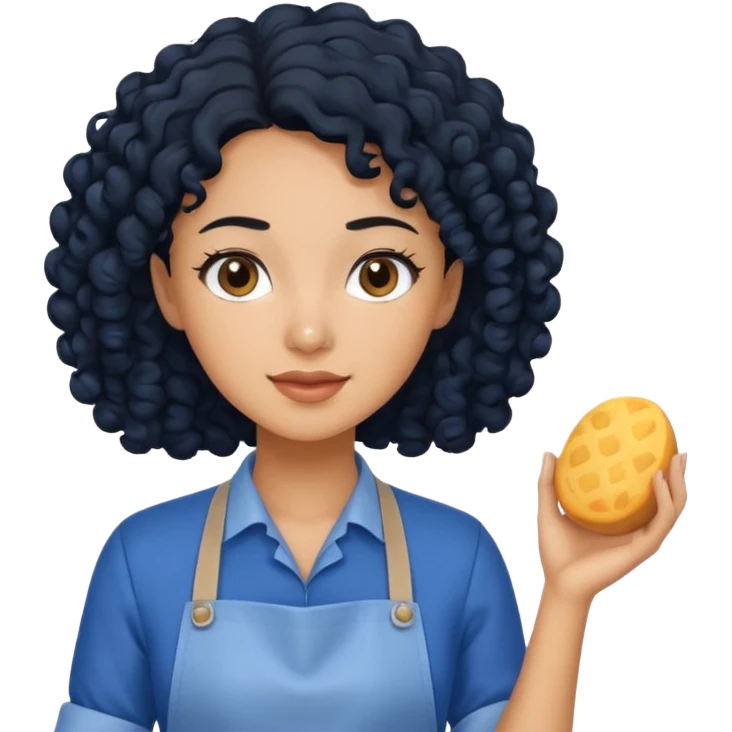 woman with curly black hair in blue apron emoji