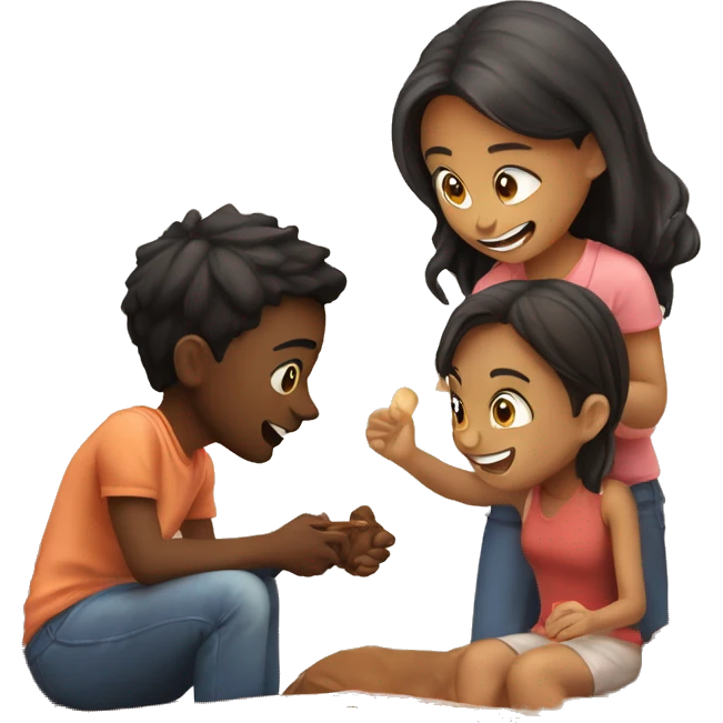 2 young people, oneboy and two girls, one couple is chatting while the other is playing a game, the overall atmosphere is warm and loving. emoji