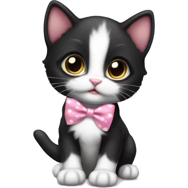 Baby Full body Tuxedo kitten with a pink polka dot ribbon Hazel eyes emoji