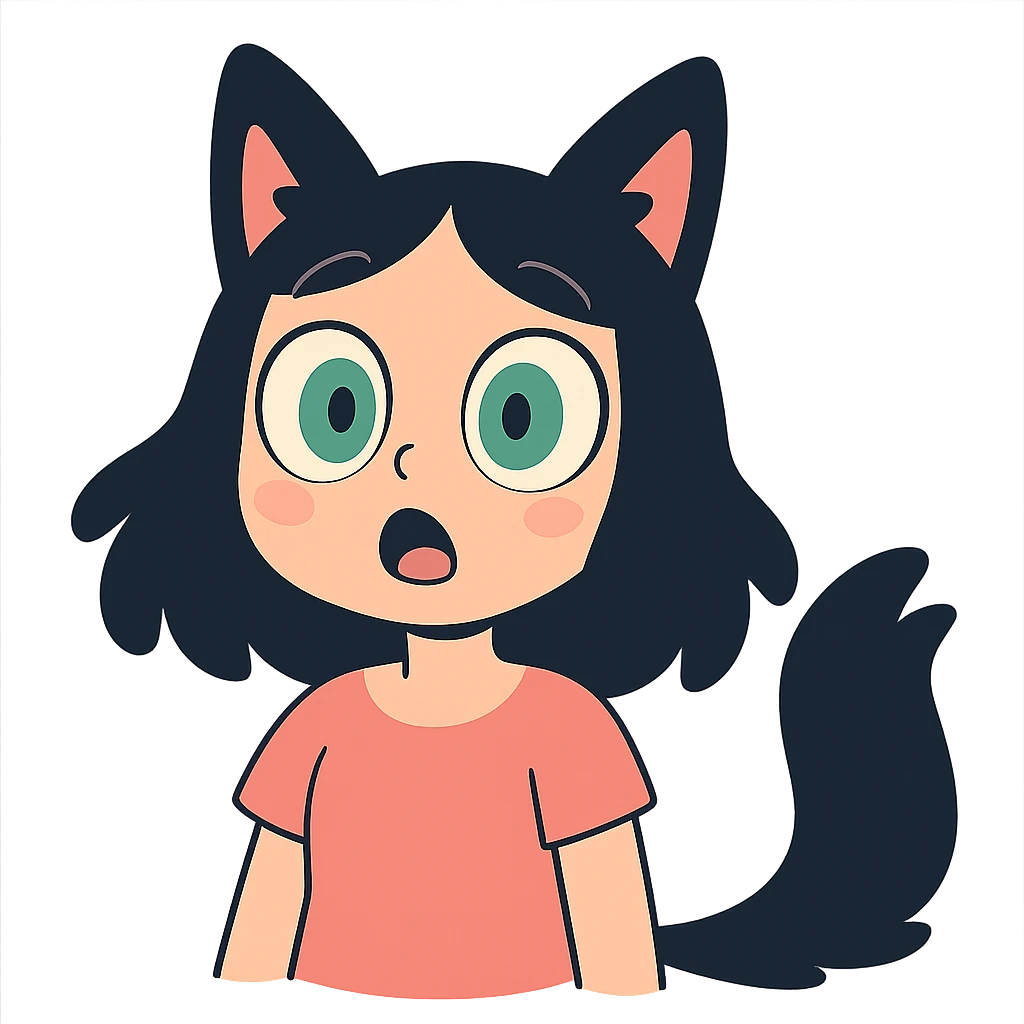 a surprised girl with huge green eyes, black fox ears, and a tail, dark hair emoji