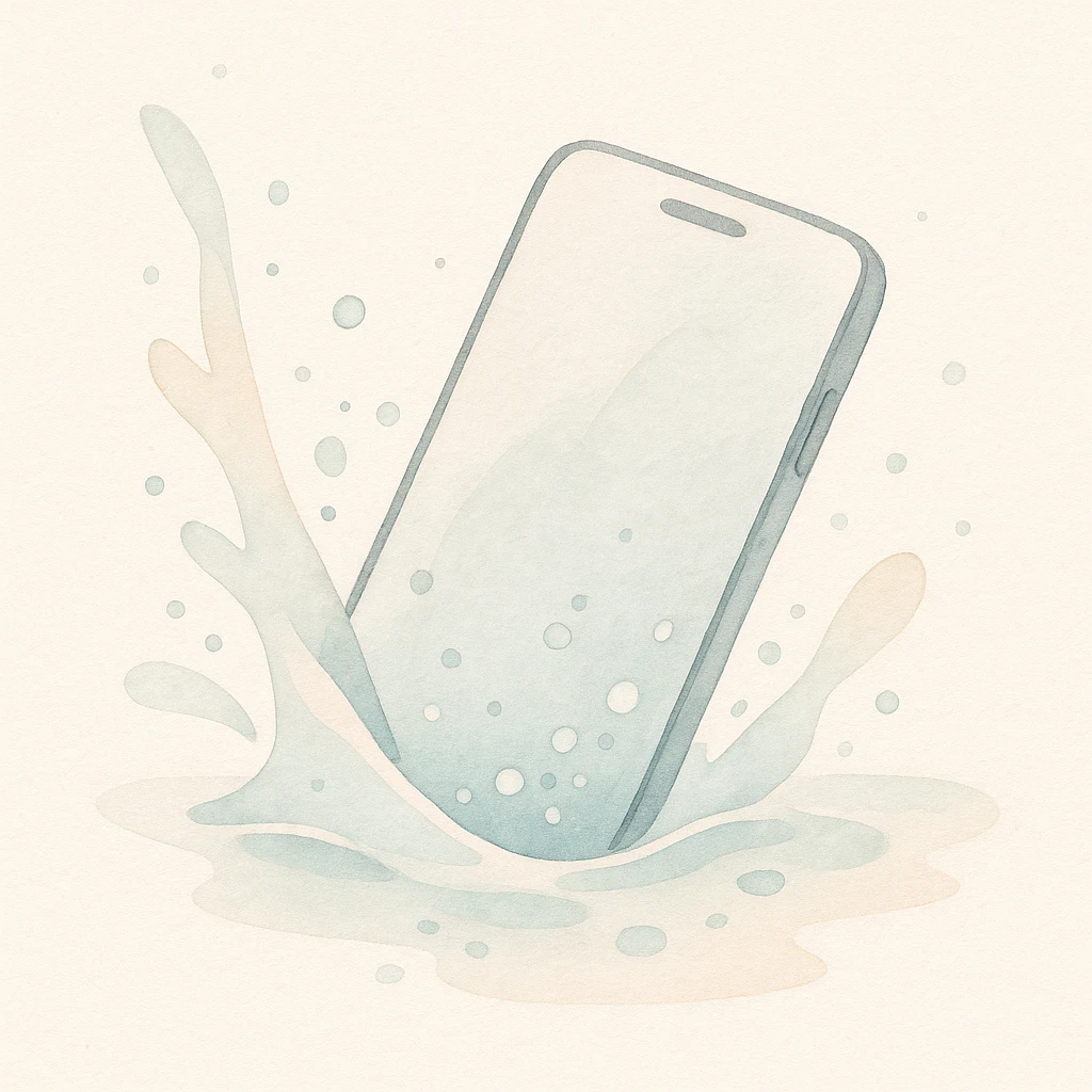 soft watercolor illustration in a minimalist modern style of a phone submerged in water with a lot of splash and bubbles, pastel colors, delicate linework, gentle whimsical mood, minimal soft shading emoji