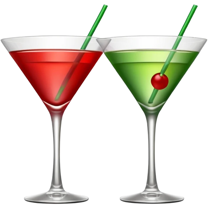 two realistic glasses of cocktail in emoji style, one is red color and one is green, martini glass shape, no straw, no fruit, no ice, no Cocktail sticks emoji