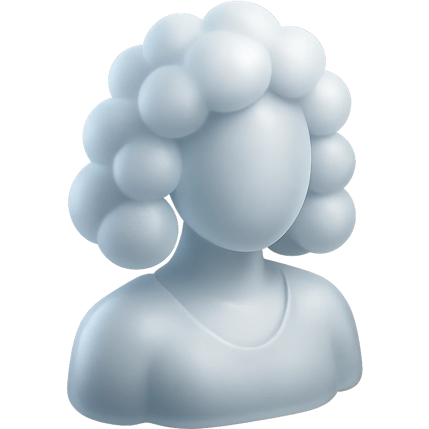 person, facing straight, fully composed of white fluffy convex clouds, shoulder length, no shadows, matte glass style emoji