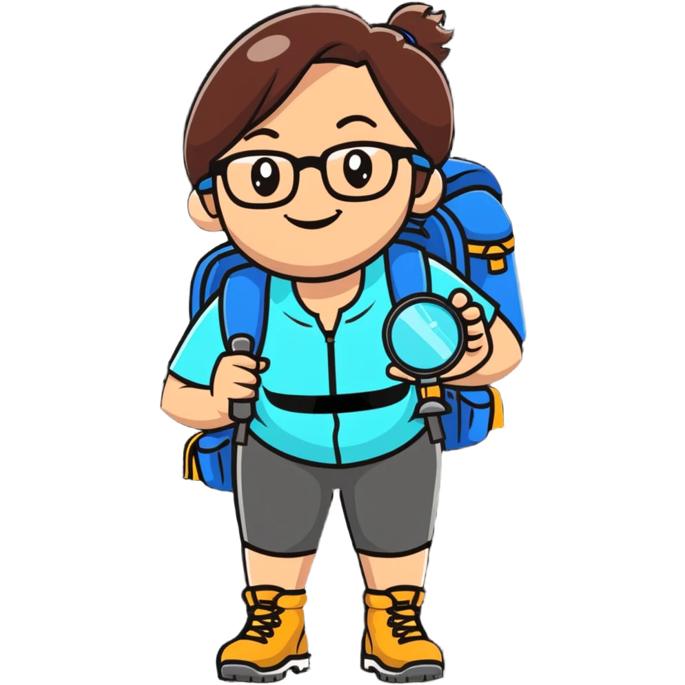 Very cheerful excited woman in her 40s with glasses wearing sporty outfit, hiking boots, and backpack, holding a magnifying glass with big smile emoji