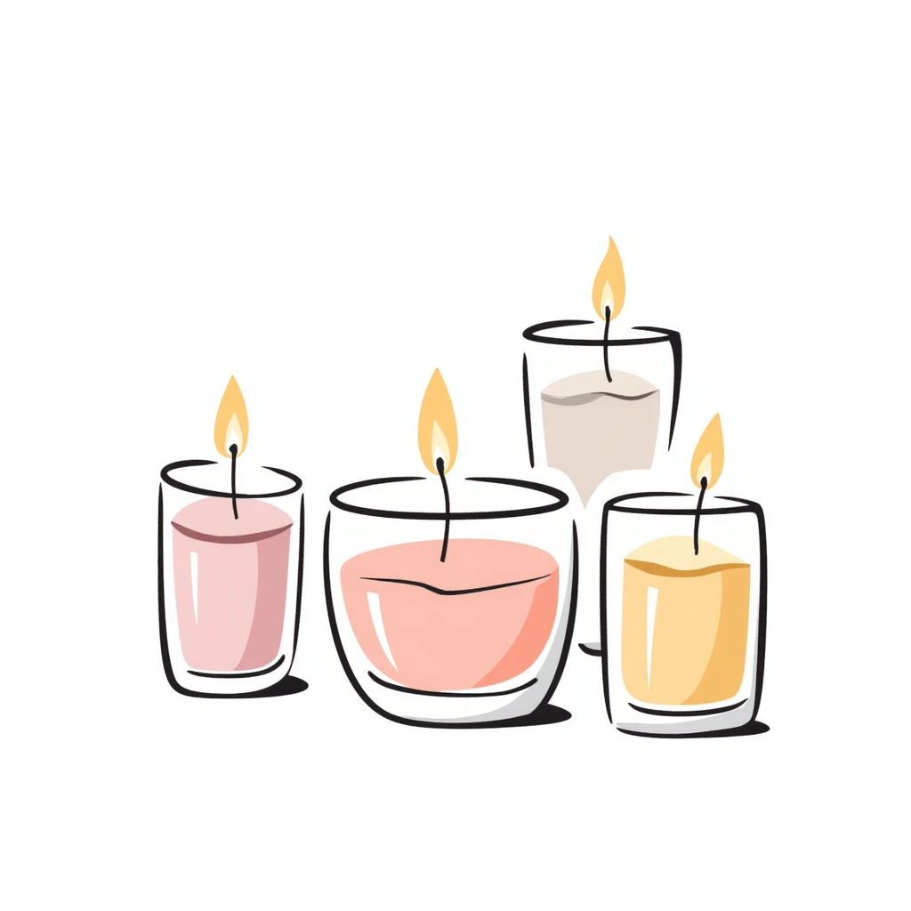 candles in glass holders, some lit with gentle flames, pastel colors dd9fb0 ffc6d3 a3bfc9 c4bee2 f1b091, detailed hand-drawn doodle style emoji