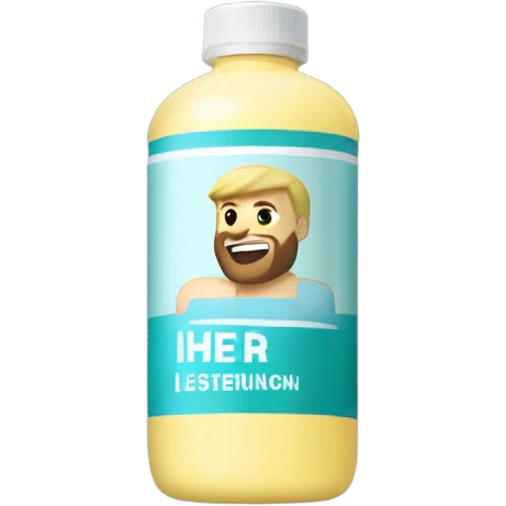 Buff man with blonde short hair and a medium length blonde beard riding on top of a giant bottle of listerine emoji