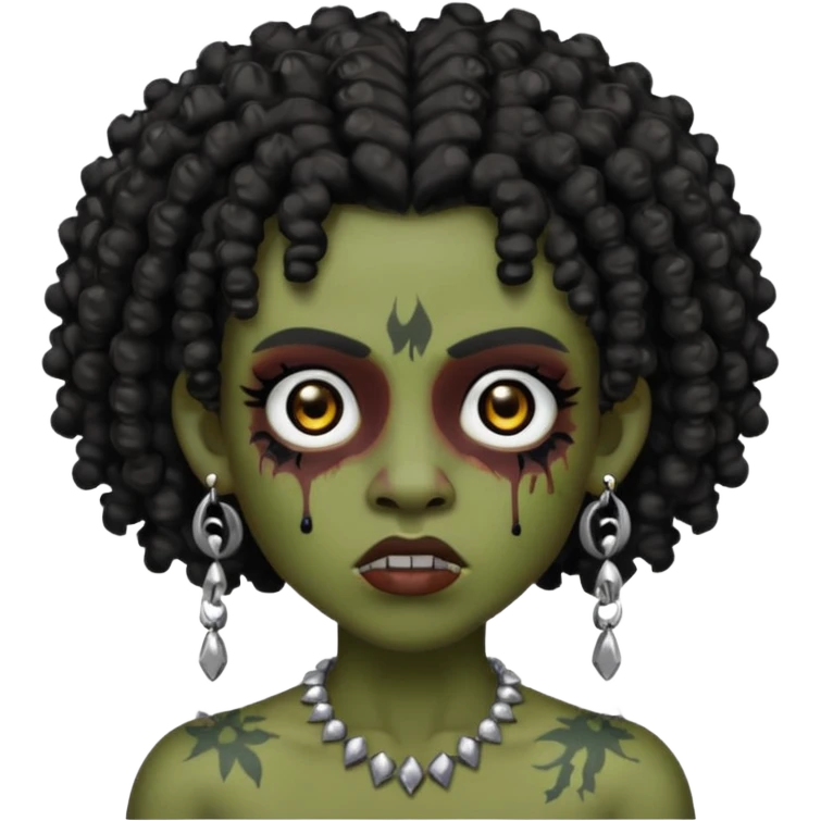 Zumbi with black and curly hair, studded earrings on both ears, black eye emoji