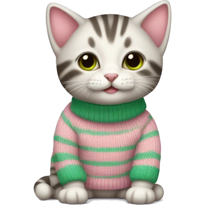 Baby cat wearing pink and green stripe sweater emoji