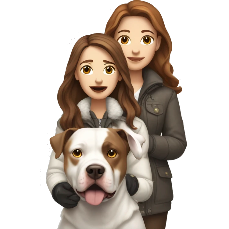 white woman with long brown hair in a furry jacket standing alongside a white pitbull with a brown patch around his eye emoji