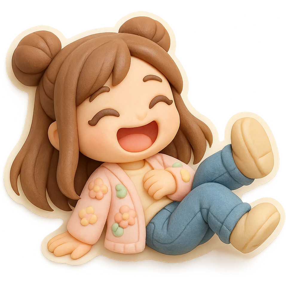 3D chibi girl in fondant cake art style, high-quality rendering with smooth shadows and soft gradients, long brown hair in two space buns, brown eyes, jeans, pastel floral cardigan, thick white outline like a sticker, transparent background, rolling on the floor laughing, preserve facial features from reference image emoji
