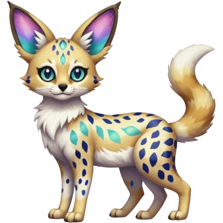 Rare iridescent white exotic epic aesthetic colorful Trico-Eevee-Serval-Genet-species-Fakemon-hybrid-creature, with intricate tattoo markings, full body emoji