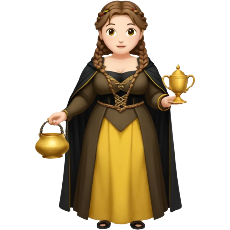 Helga Hufflepuff,brown-haired,2 braids,yellow-black medieval open dress,deep neckline,fat macromastia,black cloak decorated with gold braiding,gold cup with two handles,very kind smile,curvy busty sweet woman,round rosy cheeks,full length with medieval shoes emoji