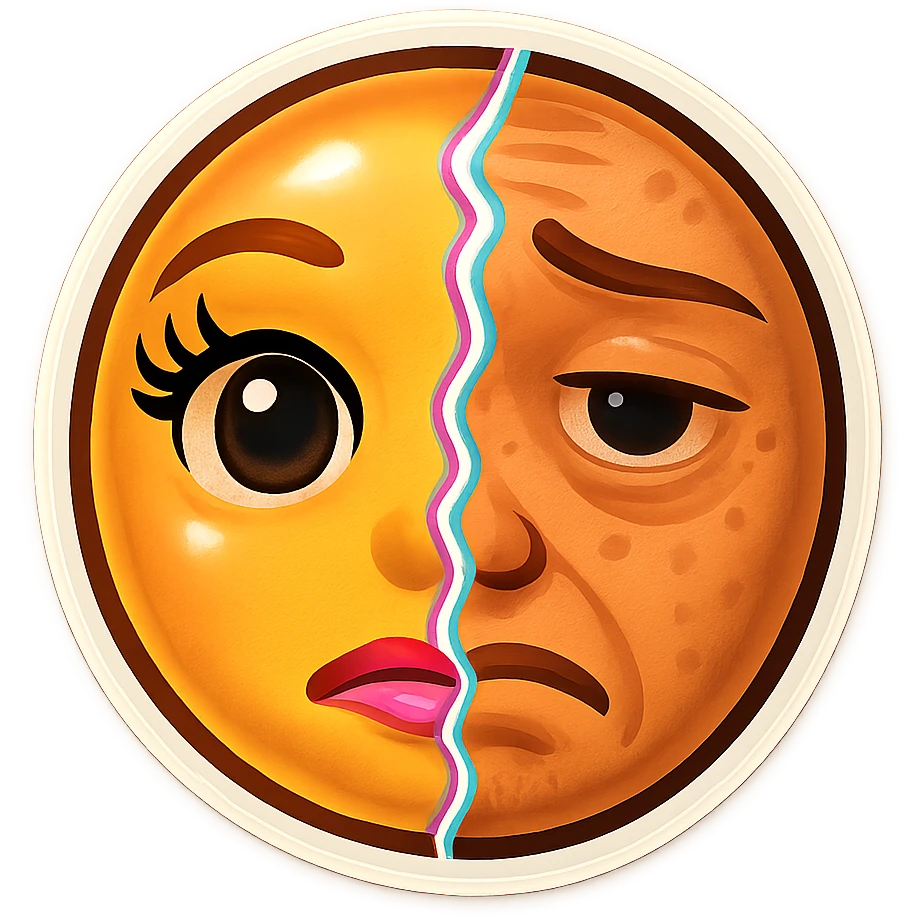 Make both sides of the split portrait look more like emoji faces and less realistic. The left side should be an idealized, airbrushed influencer emoji face with big eyes and glossy lips. The right side should be a tired, natural emoji face with visible imperfections and a sad expression. Keep the digital glitch crack dividing the two halves. emoji