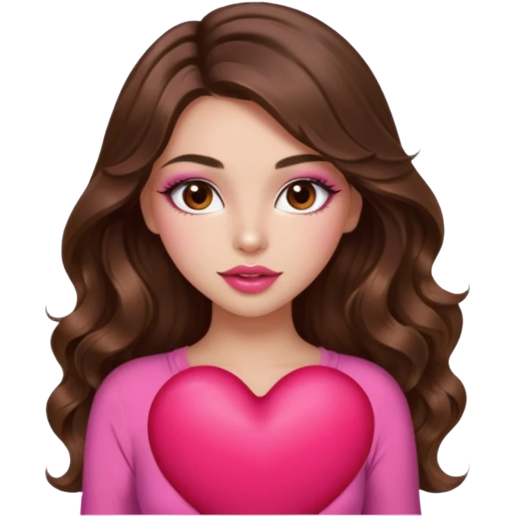 girl with long wavy brown hair, brown eyes, long lashes makeup, sexy pink lips, light to medium complexion, wearing a pink sexy top, squeezing a big heart emoji