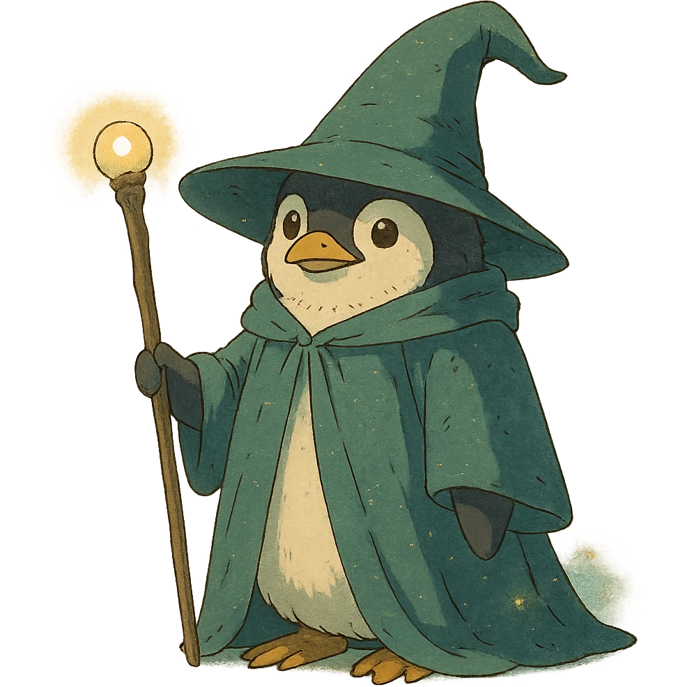 magical atmosphere penguin wizard holding a staff, wearing a wizard hat, ghibli style emoji