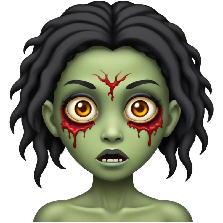 Uma menina zumbi com cabelo preto longo e sedoso, olhos castanhos profundos e lábios finos em forma de borboleta emoji