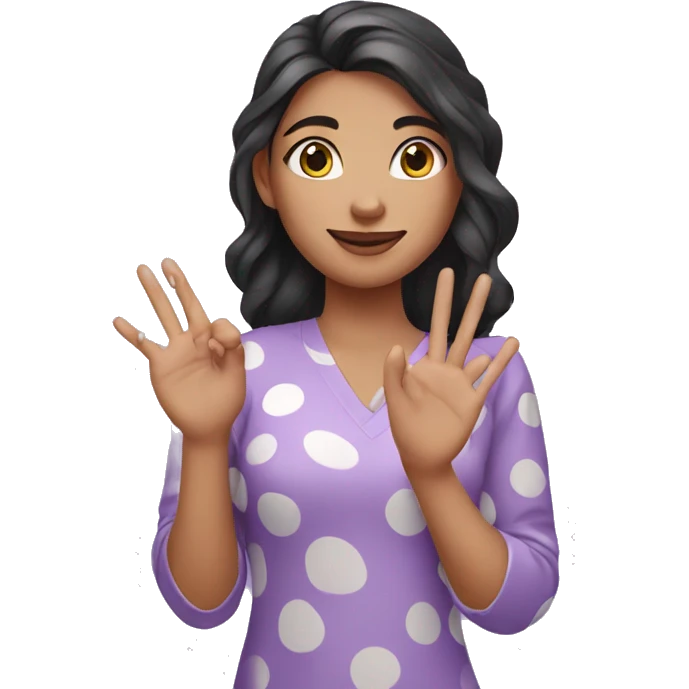 A girl with lavender kurti white spots showing three fingers emoji