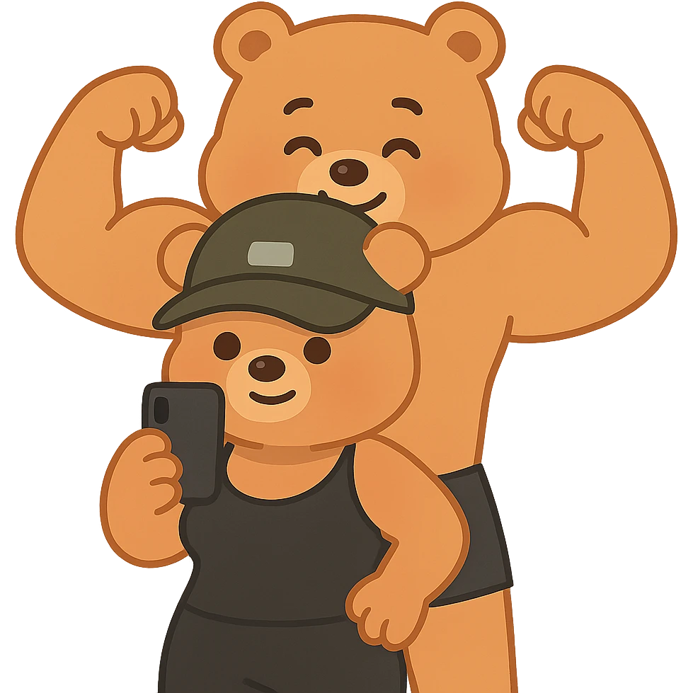 Create an affectionate and cute illustration of two muscle bears inspired by the reference photo. One bear in front with a female shape, the other behind with a male shape doing a double biceps pose. The style should resemble apple emoji style. Remove the background. emoji