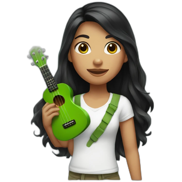 black-long-haired-fair-skin-girl-with-white-tshirt-and-green-ukulele emoji