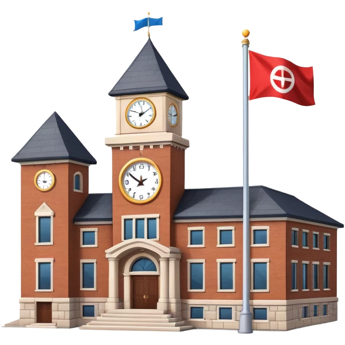 school building with a clock tower and flag on top emoji
