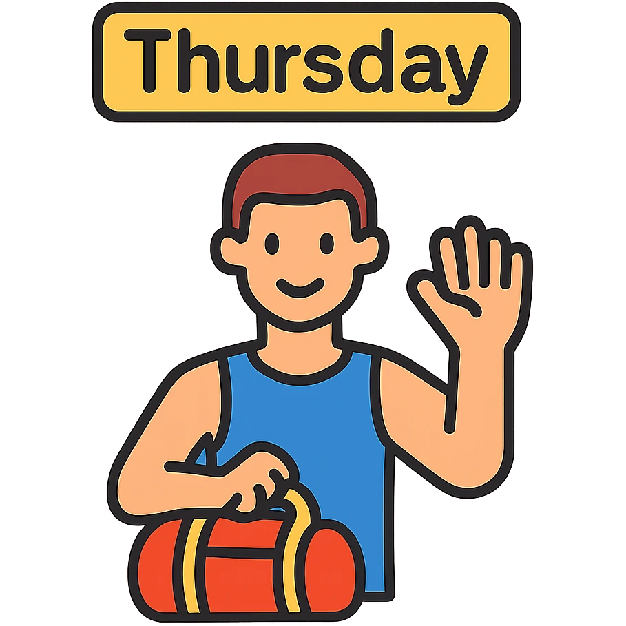 a sportsman holding his gymbag waving his hand goodbye. The word Thursday is above the sportsman emoji