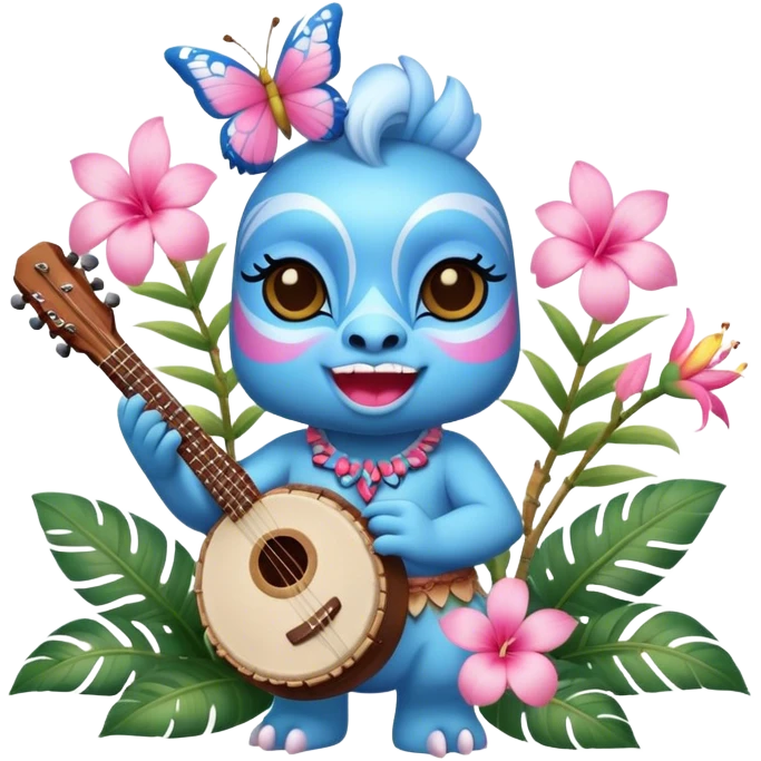 Pixar style little Blue and pink tiki singing with a butterfly, banjo, and tropical flowers, ultra detailed and lifelike imagery, realistic emoji