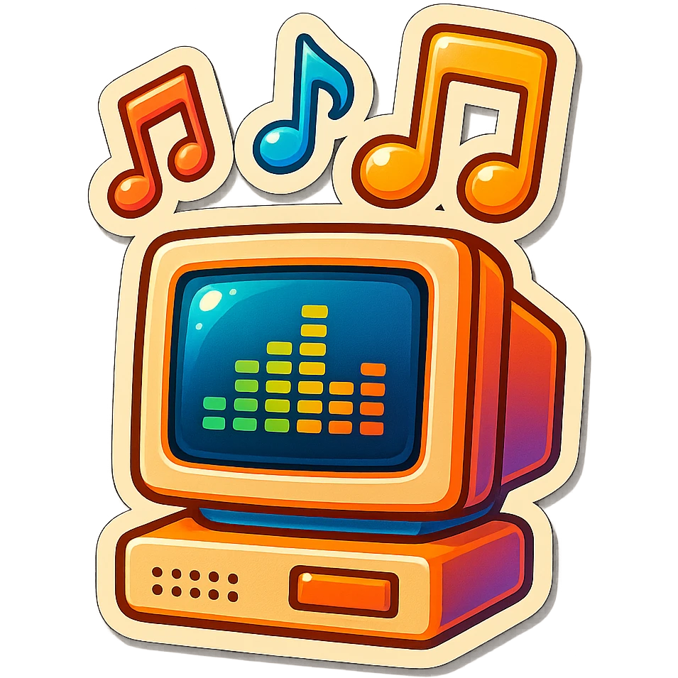 A retro CRT computer monitor showing a sound wave, with animated music notes rising above it, vibrant and playful retro style emoji
