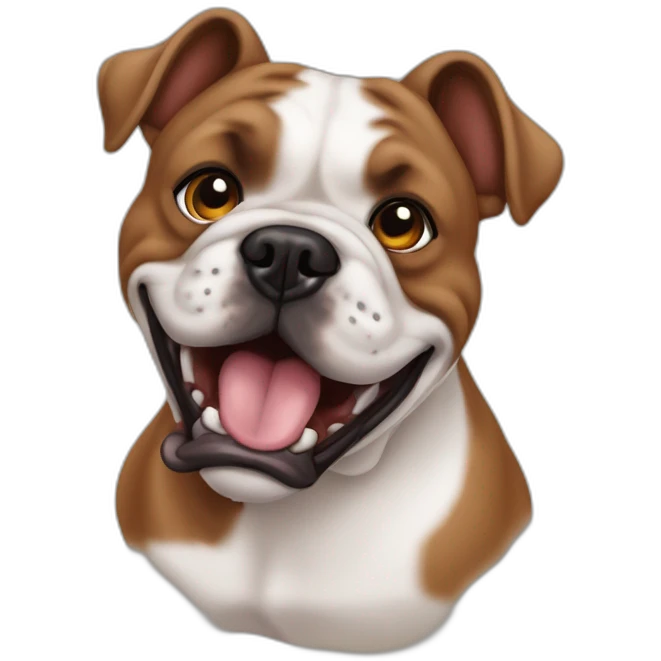 Buldog frances grande, trompa negra, cara marron y orejas marrones paradas, sacando la lengua emoji