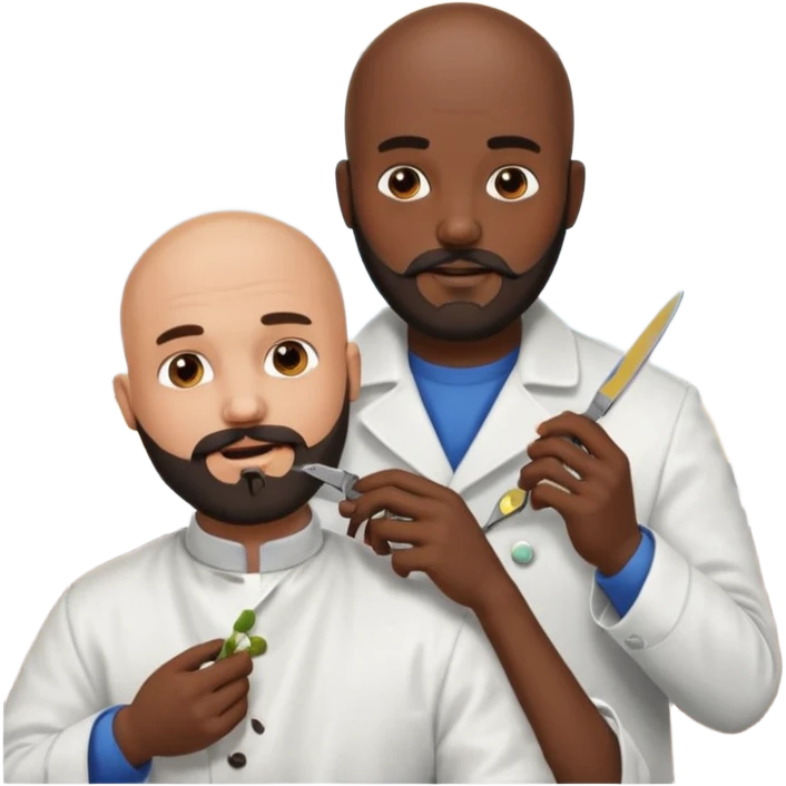 A bald man with a dark brown beard cutting someone’s hair at a barber shop and the other one is eating a poop emoji