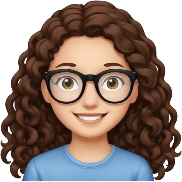 white teen girl with long brown curls and black frame glasses emoji