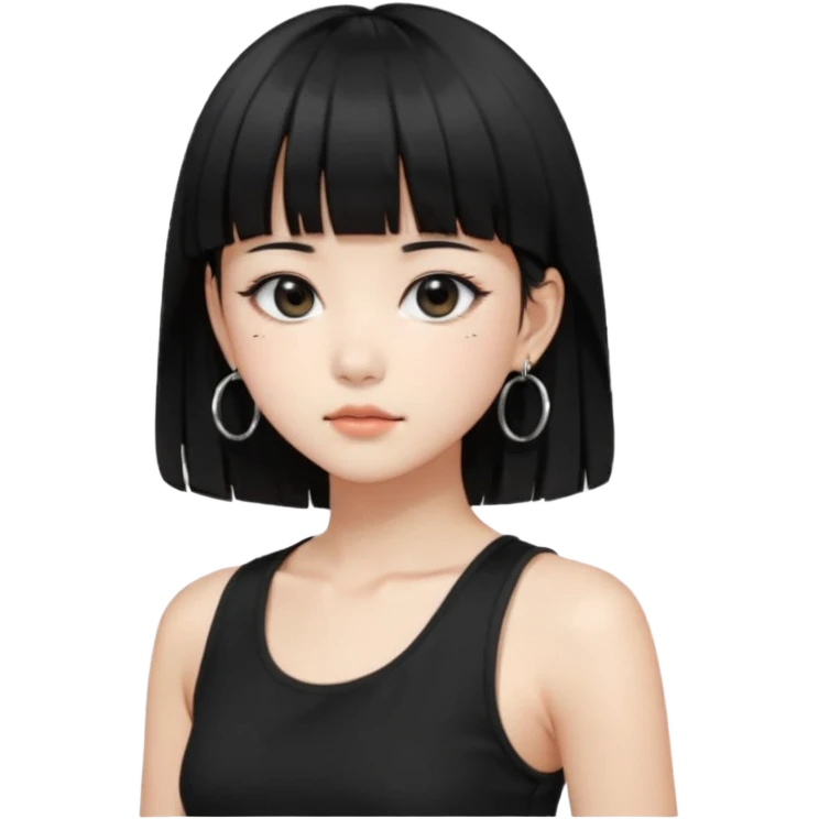 Korean girl, black tank top, black hair, black eyes, layered hair, cool girl, aesthetic, long hair, hime cut, blunt bangs, small silver hoop earrings emoji