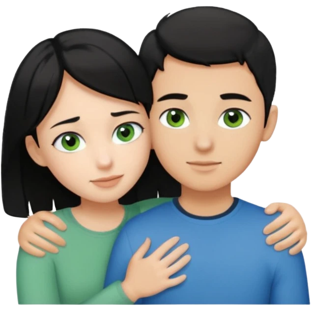 Make a couple hugging the girl is white with black hair with blue eyes hugging a boy with lightbrwn short hair with green eyes  emoji
