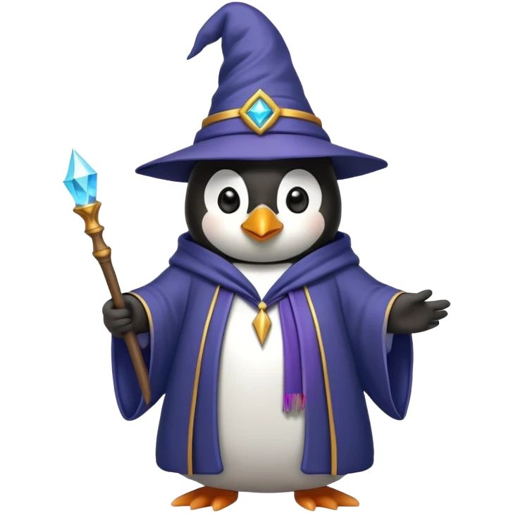 penguin wearing a wizard hat and robe, holding a magic wand emoji