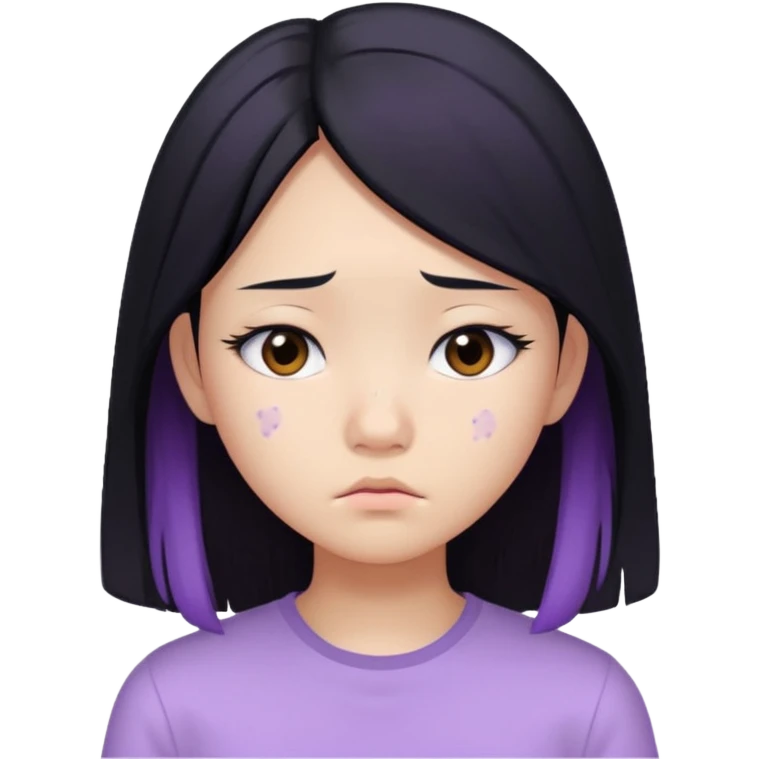 Asian girl, long black hair, lilac bando, white shirt, sad, with visible acne on her cheek emoji