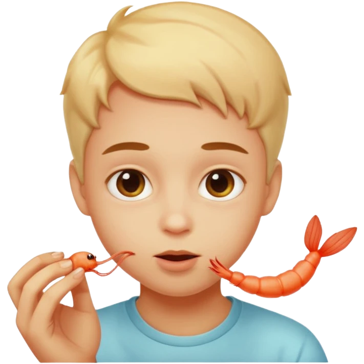 Emoji-style person tasting a weird-looking shrimp, curious expression, cute rounded face, soft shading emoji