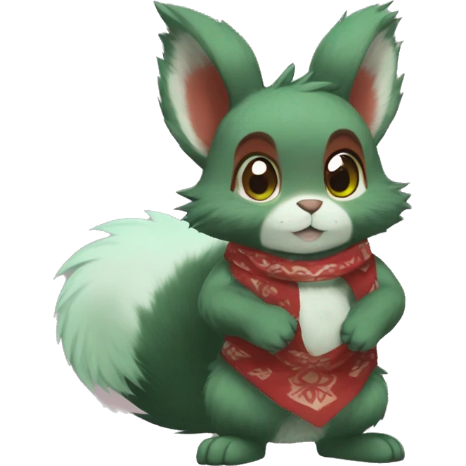 Cute, Chibi, chubby, fluffy, Kemono-style, Anthro, Fur-Sona, Dark-Red, Squirrel-Rabbit-hybrid-Fakémon, with a green bandana, full body emoji