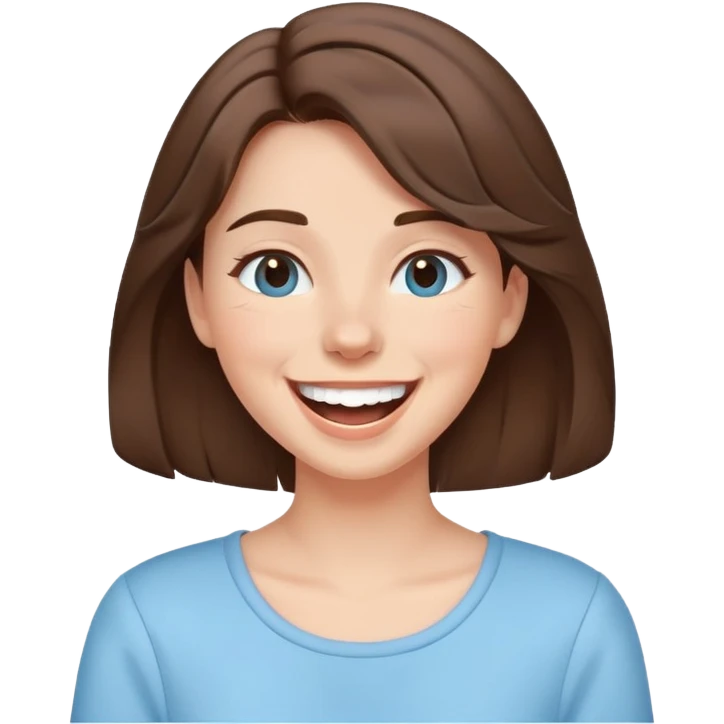 brunette girl with brown hair wearing pastel blue clothes laughing joyfully emoji
