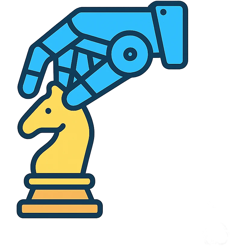 icon featuring a robotic hand moving a chess piece representing the intersection of AI and strategic thinking in a contemporary flat design emoji