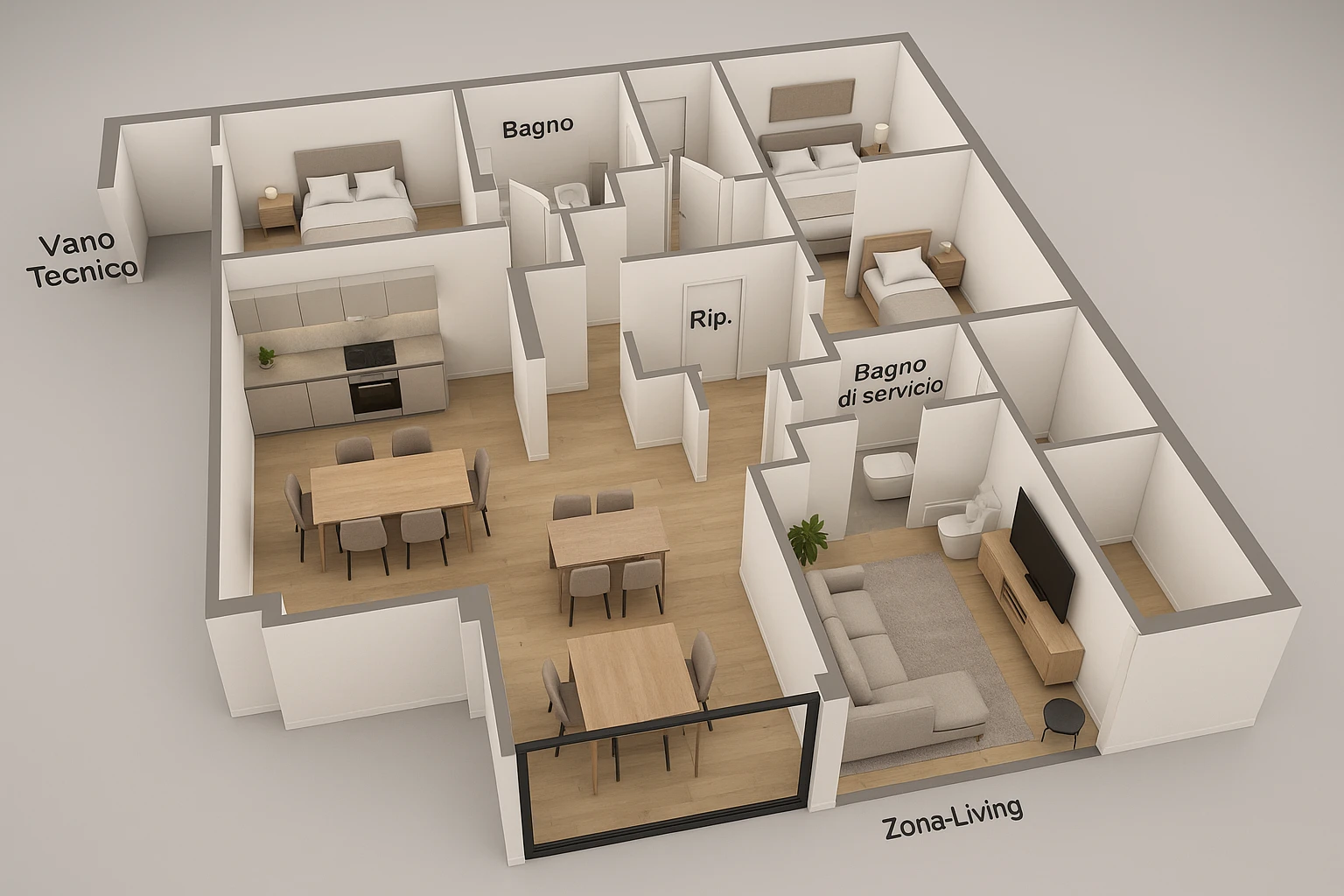 Create a hyperrealistic 3D floor plan based on the provided updated plan image. Include at least 6 different perspective views. The style should be elegant and contemporary with carefully curated furnishings: modern kitchen, dining table, living area with sofa and TV, service bathroom, and a 2.55 meter glass window in the marked position. No external background, only the 3D floor plan itself. emoji