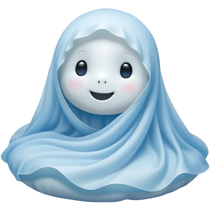 An adorable, peacefully floating sheet-like ghost in gentle pastel whites and blues, its soft, rounded form loosely draped, head resting with closed, serene sparkling eyes and a tiny, contented smile, simplified yet irresistibly charming, highly detailed, with a soft glowing outline that captures the essence of a sleepy, endearing spirit wrapped in cozy slumber! emoji
