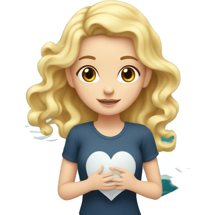 white girl with blonde wavy hair holds a heart in her hands, inside of heart there are sea waves  emoji